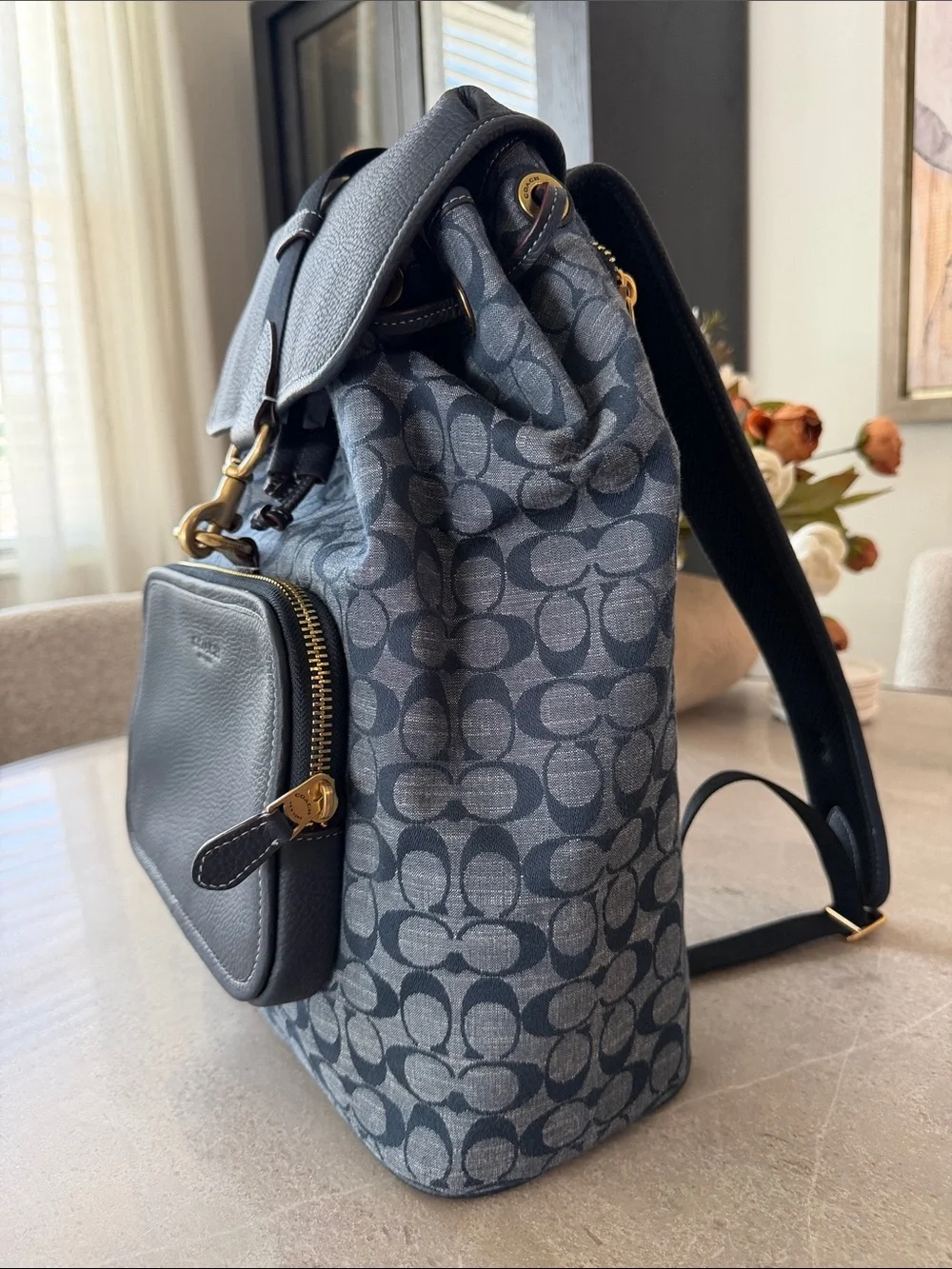 Coach Navy Signature Denim Canvas Backpack with Leather Trim